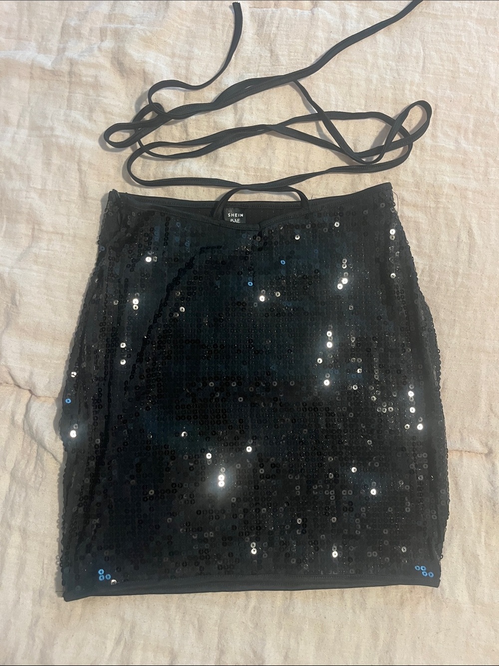 SHEIN Black Sequin Mini Skirt with Waist Ties